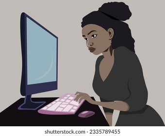 A vibrantly colored vector illustration featuring a contemporary female blogger. She's in front of her computer, poised to create fresh content.