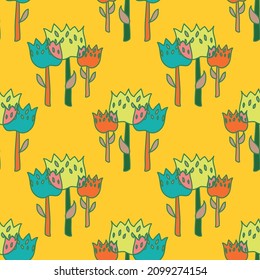 Vibrantly colored vector repeatable seamless cartoon hand drawn style pattern with orange and blue flowers on mustard