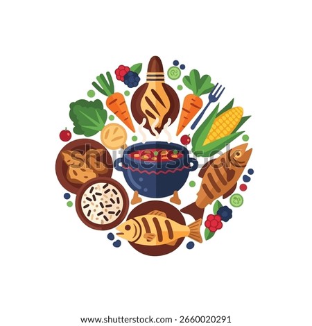 A vibrantly illustrated circular composition showcases a diverse array of culinary elements including fish vegetables and assorted ingredients The meticulously crafted design presents a