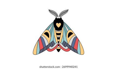 Uma mariposa vibrantemente modelada com um coração em seu tórax e desenhos intrincados em suas asas.