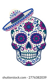 Vibrantly patterned sugar skull (calavera) adorned with intricate floral designs and wearing a colorful sombrero hat.