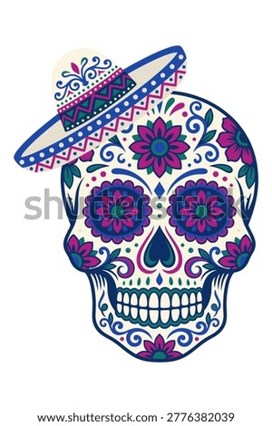 Vibrantly patterned sugar skull (calavera) adorned with intricate floral designs and wearing a colorful sombrero hat.