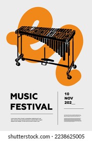 Vibraphone, Drum. Music festival poster. Percussion musical instruments. Competition. A set of vector illustrations. Minimalistic design. Banner, flyer, cover, print.