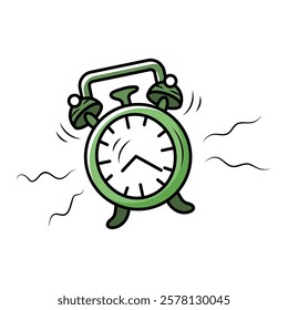 Vibrating green alarm clock illustration on white background. Vector illustration