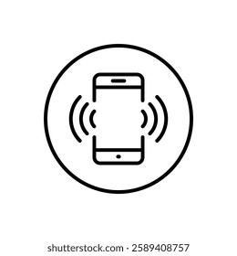 Vibrating mobile phone icon on circle line. Cellphone vibration sign symbol