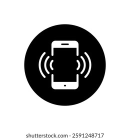 Vibrating mobile phone icon on black circle. Cellphone vibration sign. Smartphone vibrate symbol