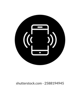 Vibrating mobile phone line icon on black circle. Cellphone vibration sign symbol