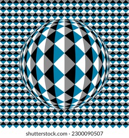 Vibrating sphere and surface of black, white, gray and blue triangles. Optical illusion illustration.