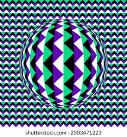 Vibrating sphere and surface of colorful zigzag stripes pattern. Optical illusion illustration.