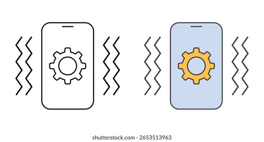 Ícone de configurações de notificação de vibração com telefone, linhas de vibração e símbolo de engrenagem, ideal para personalização de alerta silencioso, preferências de acessibilidade e ferramentas de notificação de assistência.