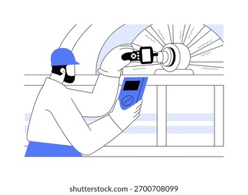 Ilustrações isoladas do vetor de desenhos animados com sensor de vibração. Homem recolhendo dados de pressão usando sensor de vibração, equipamentos da indústria pesada, ideia de IoT, Internet das coisas tecnologia vetor cartoon.
