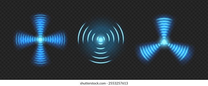 Sinais de vibração ou onda, luzes azuis realistas isoladas com forma circular. Conexão wifi vetorial ou frequência de rádio. Monitoramento e varredura, detectando alcance ou impacto. Discos Radius