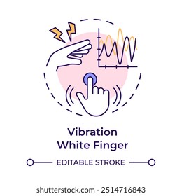 Vibração dedo branco ícone de conceito de multi cor. Lesão no local de trabalho. Equipamento de trabalho, indústria. Ilustração de linha de forma redonda. Ideia abstrata. Design gráfico. Fácil de usar em infográfico, apresentação