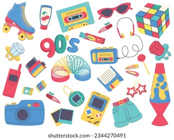 Vibraciones de los años 90. Conjunto de elementos clásicos de los años 90. Patines de rodillos, brillo de labios, teléfono, goma de mascar, película de cámara, lollipop, juego, pantalones cortos, lámpara, gafas, rompecabezas. Ilustración vectorial.