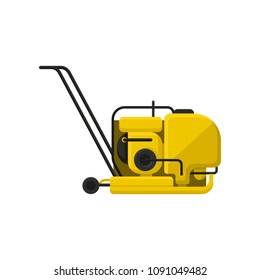 Vibratory plate compactor with handle. Professional equipment for road making. Construction industry theme. Flat vector icon