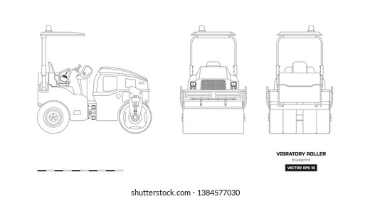 Vibratory roller in outline style. Side, back and front view. Building machinery image. Industrial isolated drawing of asphalt compactor. Diesel vehicle blueprint. Vector illustration