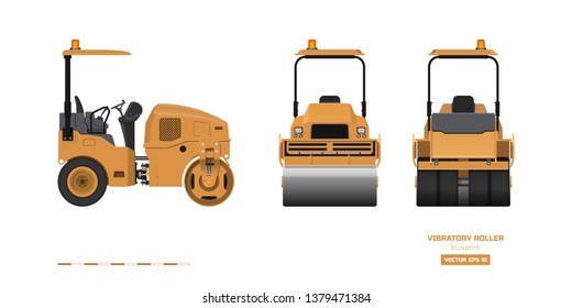 Vibratory roller in realistic style. Side, back and front view. Building machinery 3d image. Industrial isolated drawing of orange asphalt compactor. Diesel vehicle blueprint. Vector illustration