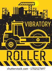 Vibratory roller work on construction site, abstract flat vector illustration