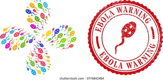 Vibrion microbe multi colored centrifugal twist, and red round EBOLA WARNING corroded stamp print. Vibrion microbe symbol inside round stamp seal.