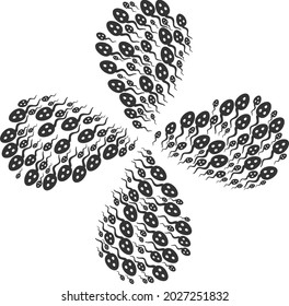 Flor de rotación de microbios de vibrión con cuatro pétalos. Flor de elemento con 4 pétalos compuestos de símbolos de microbio de vibrión orientado. Collage de flores vectoriales en estilo plano.