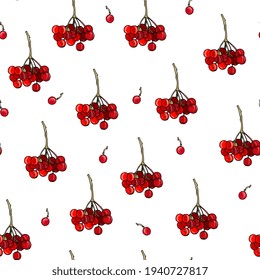Viburnum baya y deja un patrón sin fisuras. Fondo natural forestal con bayas de bosque rojo. Dibujo manual. Para el diseño de tela, papel pintado, empaque, menú.
