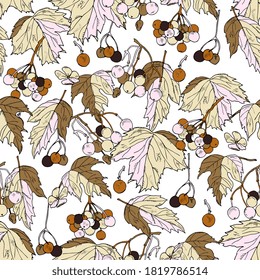 viburnum berries seamless autumn pattern. botanical sketch, outline. Hand drawing ink. For packaging, wallpaper, fabric, wrapping, invitations