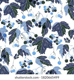 viburnum berries seamless autumn pattern. botanical sketch, outline. Hand drawing ink. For packaging, wallpaper, fabric, wrapping, invitations