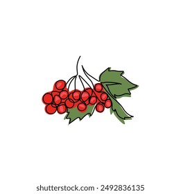 Viburnum branch continuous line drawing, red berries and green leaves on tree branches, eco icon, tattoo, print, logo design, single line on white background, isolated vector hand drawn