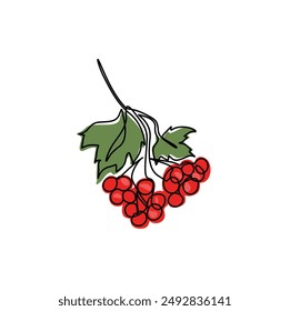 Dibujo continuo de la línea de la rama de Viburnum, bayas rojas y hojas verdes en ramas de árbol, opulus, eco icon, tatuaje, impresión, diseño del logotipo, línea única sobre fondo blanco, Vector aislado dibujado a mano