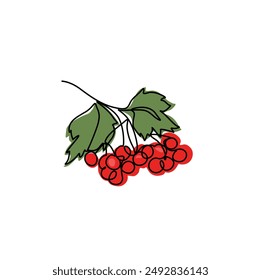 Viburnum branch continuous line drawing, red berries and green leaves on tree branches, eco icon, tattoo, print, logo design, single line on white background, isolated vector hand drawn