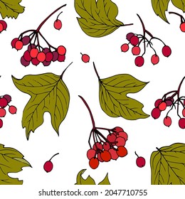 viburnum leaves and berries on a white background, seamless vector pattern