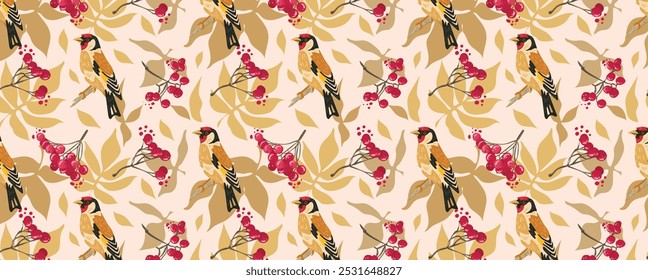 Viburnum on a branch and goldfinch. Birds, berries and leaves pattern. Vector seamless organic background. For fabric, wallpaper, textile, cards.