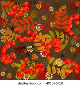 Viburnum. The pattern of autumn leaves and bunches of rowan rowan. Vector illustration. Beautiful illustration with grape pattern. Exclusive design.
Hello, Autumn! Repeated pattern