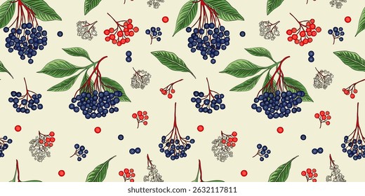 Viburnum Rowan Berry Leaf Floral Element Seamless Vector Pattern With Ukrainian Ethnic Botanical Style On Beige Background
