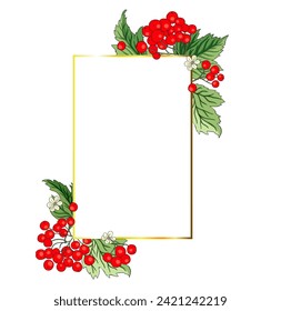 Rótulo vectorial de bayas rowan rectángulo de arándano rojo enmarcado rústico de ramo floral. Diseño de bodas de bienvenida, bosque fresco y cosecha de jardín.