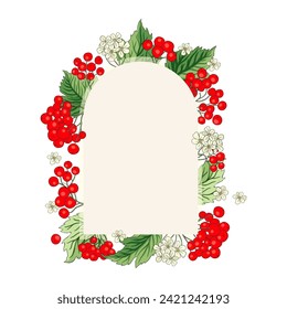 Viburnum rowan red berry vector frame rustic floral bouquet illustration. Wedding greeting design, fresh forest and garden harvest.