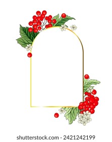 Viburnum rowan red berry vector frame rustic floral bouquet illustration. Wedding greeting design, fresh forest and garden harvest.