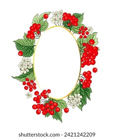 Viburnum rowan red oval berry vector frame rustic floral bouquet illustration. Wedding greeting design, fresh forest and garden harvest.