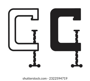 Vice clamp tool vector icon set. Metal squeeze machine line icons.