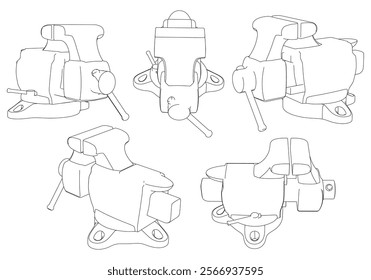 Vice Line Art Vector Illustration on White Background. Precision Tool Design for Workshops, Metalworking, and Woodworking