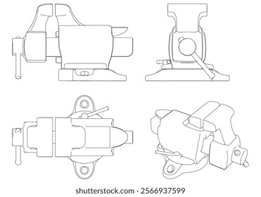 Vice Line Art Vector Illustration on White Background. Precision Tool Design for Workshops, Metalworking, and Woodworking