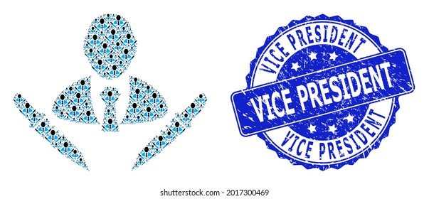 Vice President corroded round watermark and vector recursion mosaic butchery boss. Blue seal has Vice President tag inside round shape.