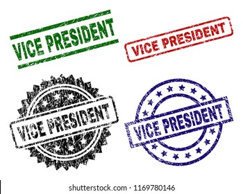 VICE PRESIDENT seal prints with corroded texture. Black, green,red,blue vector rubber prints of VICE PRESIDENT text with scratched style. Rubber seals with round, rectangle, medal shapes.