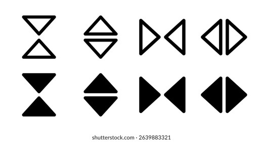 Vice Versa Arrows Icon Set. A black glyph and outline icon of opposing arrows, indicating reverse direction.