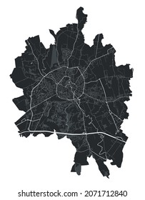 Mapa vectorial de Vicenza. Mapa vectorial detallado del área administrativa de la ciudad de Vicenza. Vista de la aria metropolitana de Cityscape poster. Tierra negra con calles blancas, caminos y avenidas. Fondo blanco.