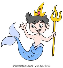 the viceroy of the fish man prince carries a gold plated spear, vector illustration art. doodle icon image kawaii.