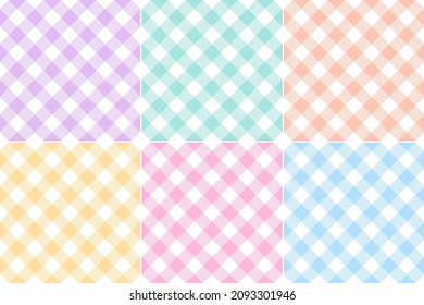 Vichy Check Pattern For Easter In Pastel Colorful Lilac, Blue, Green, Orange, Pink, Yellow. Seamless Diagonal Rainbow Vichy Set For Tablecloth, Picnic Blanket, Gift Paper, Other Spring Summer Print.