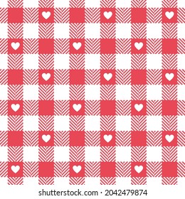 Vichy check pattern for modern Valentines Day with hearts in bright coral pink and white. Seamless herringbone textured tartan gingham vector background for spring autumn winter fabric or paper print.