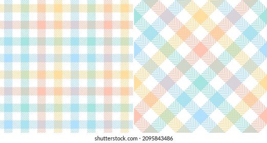 Vichy Check Pattern In Pastel Blue, Green, Orange, Yellow, White. Herringbone Colorful Rainbow Tartan Gingham Plaid For Tablecloth, Picnic Blanket, Gift Paper, Other Spring Summer Easter Fabric Print.