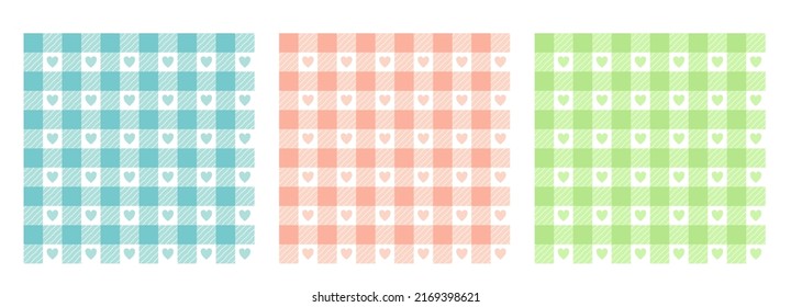 Patrón de verificación de Vichy en colores pastel. Gingham de fondo geométrico con corazones para platijas, manteles, cubiertas.